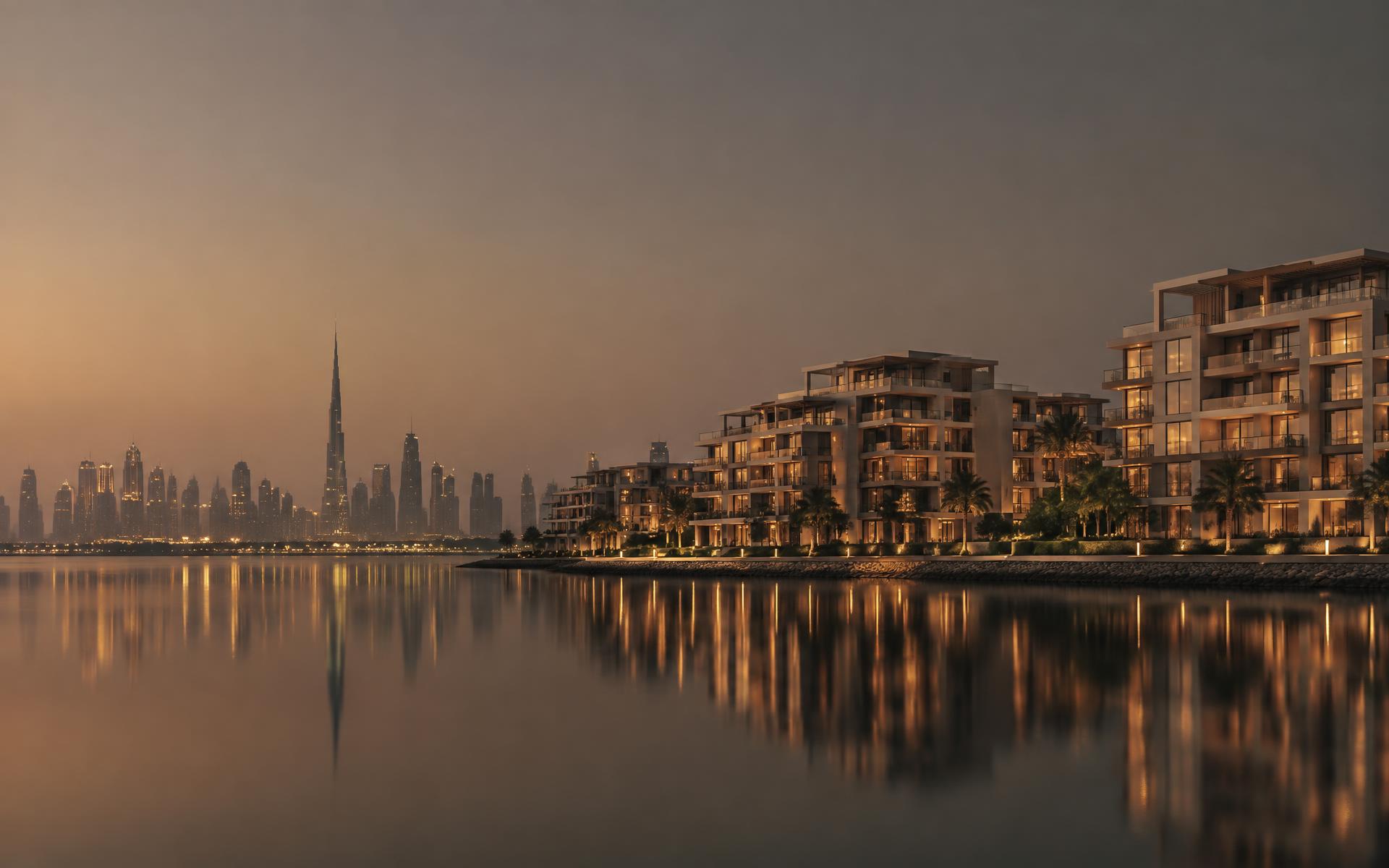 Calm Dubai waterfront at dusk