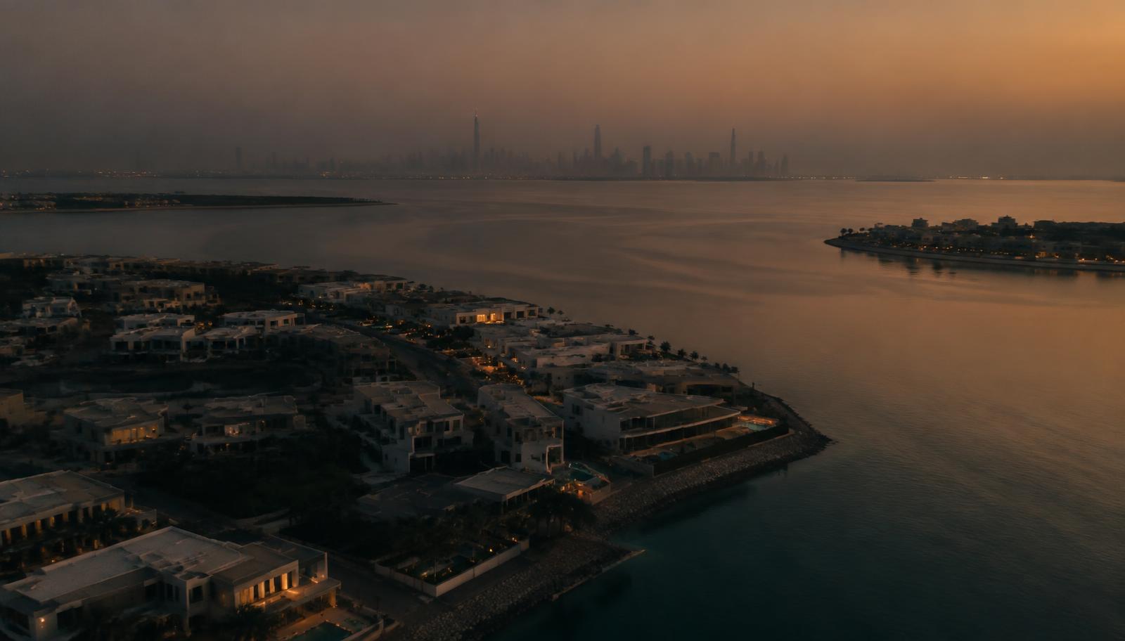 Cinematic aerial still of a Dubai waterfront district